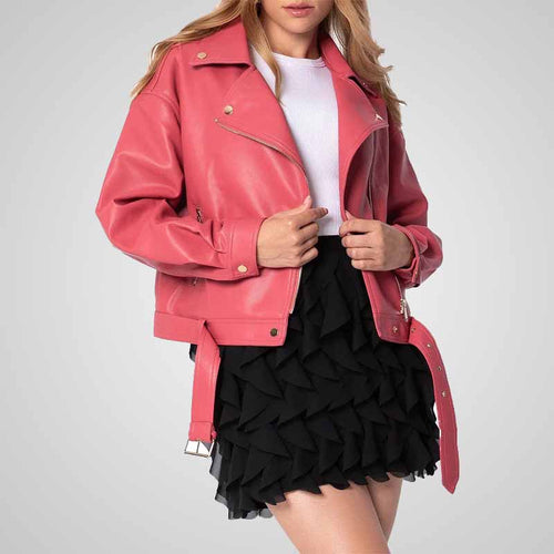 Women’s Pink Biker Leather Jacket – Gemini Style