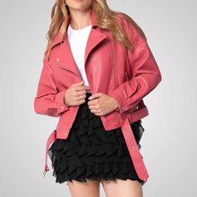 Load image into Gallery viewer, Person wearing a pink jacket over a white shirt and black ruffled skirt on a gray background
