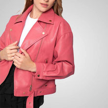 Load image into Gallery viewer, Person wearing a pink leather jacket on a plain background
