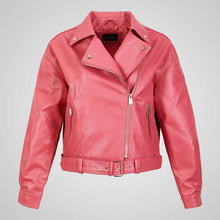 Load image into Gallery viewer, Pink leather jacket on a gray background

