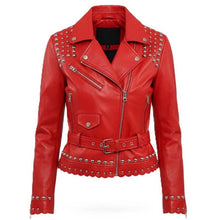 Load image into Gallery viewer, Women's Red Genuine Leather Biker Jacket with Studded Punk Moto Style
