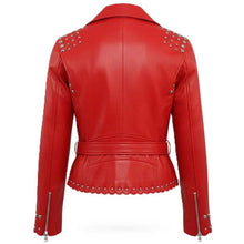 Load image into Gallery viewer, Women's Red Genuine Leather Biker Jacket with Studded Punk Moto Style
