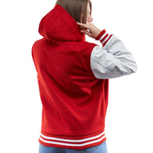 Load image into Gallery viewer, Women’s Red Varsity Leather Jacket With Hood
