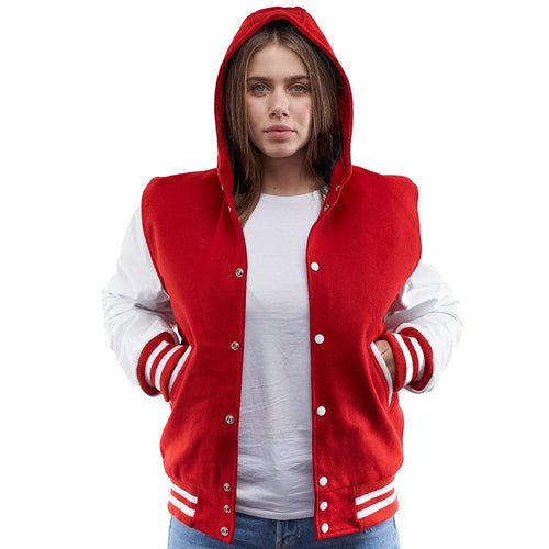 Women’s Red Varsity Leather Jacket With Hood