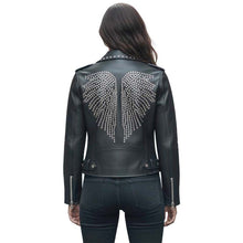 Load image into Gallery viewer, Women's Black Lambskin Leather Moto Jacket with Studded Angel Wings Punk Style

