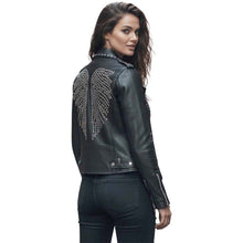 Load image into Gallery viewer, Women's Black Lambskin Leather Moto Jacket with Studded Angel Wings Punk Style
