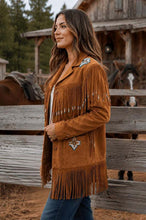 Load image into Gallery viewer, Women's Tan Brown Suede Leather Jacket with Fringe and Beadwork in Handmade Western Native Style
