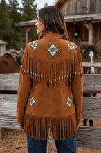Load image into Gallery viewer, Women's Tan Brown Suede Leather Jacket with Fringe and Beadwork in Handmade Western Native Style
