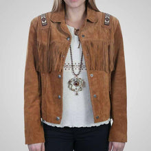 Load image into Gallery viewer, Women’s Western Suede Fringe Leather Jacket – Brown Beaded Style
