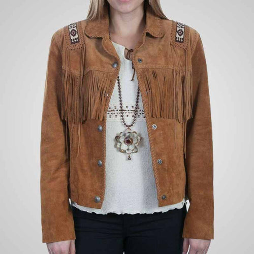 Women’s Western Suede Fringe Leather Jacket – Brown Beaded Style