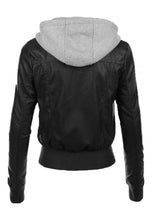 Load image into Gallery viewer, Women&#39;s Black Leather Removable Gray Hooded Bomber Jacket
