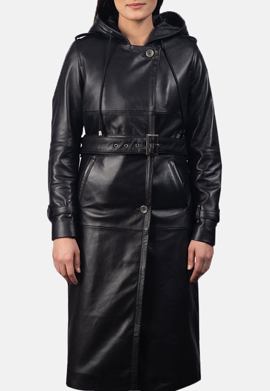 Women's Black Leather Hooded Trench Coat - Main Image