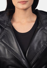 Load image into Gallery viewer, Women&#39;s Black Leather Hooded Trench Coat
