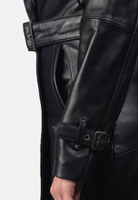 Load image into Gallery viewer, Women&#39;s Black Leather Hooded Trench Coat
