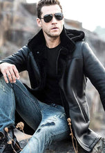 Load image into Gallery viewer, Men’s Black Shearling Hooded Long Coat
