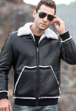 Load image into Gallery viewer, Men’s Black Leather White Shearling Jacket
