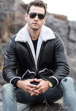 Load image into Gallery viewer, black leather shearling jacket
