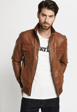 Load image into Gallery viewer, Men&#39;s Tan Brown Leather Bomber Jacket
