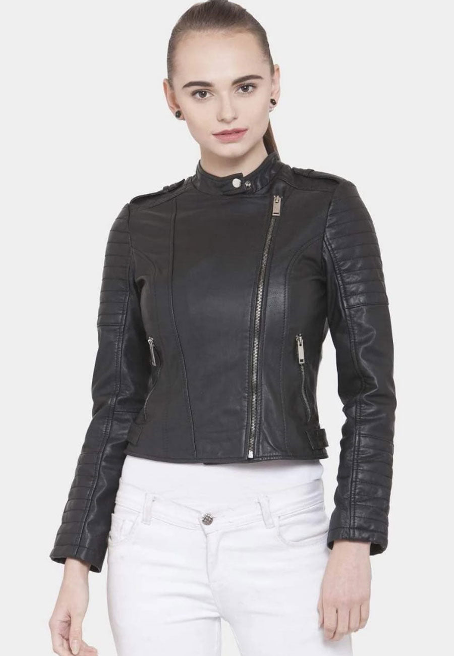Women's Black Leather Biker Jacket Slim Fit