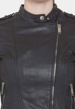 Load image into Gallery viewer, Women&#39;s Black Leather Biker Jacket Slim Fit
