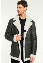 Load image into Gallery viewer, Men’s Black Leather White Shearling Long Coat

