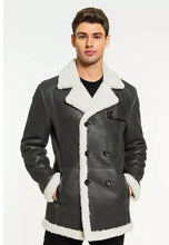 Load image into Gallery viewer, Men’s Black Leather White Shearling Long Coat
