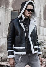 Load image into Gallery viewer, Men’s Aviator Removable Hood Black Leather White Shearling Jacket
