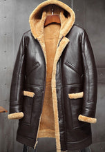 Load image into Gallery viewer, Men’s Dark Brown Leather Shearling Hooded Long Coat
