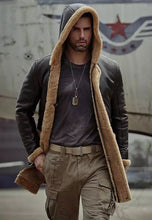 Load image into Gallery viewer, Men’s Dark Brown Leather Shearling Hooded Long Coat
