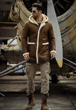 Load image into Gallery viewer, Men’s Camel Brown Leather Shearling Hooded Long Coat
