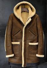 Load image into Gallery viewer, Men’s Camel Brown Leather Shearling Hooded Long Coat

