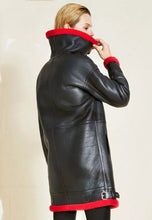 Load image into Gallery viewer, Women’s Black Leather Red Shearling Long Coat
