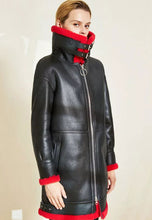 Load image into Gallery viewer, Women’s Black Leather Red Shearling Long Coat
