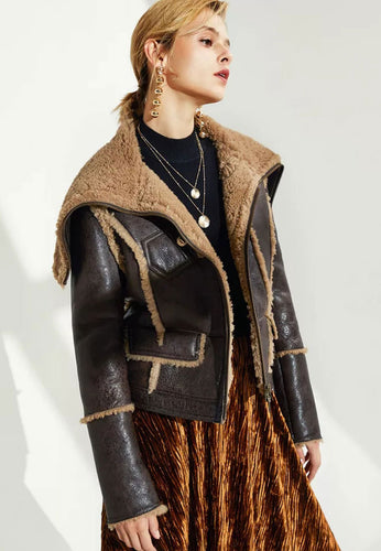 Women’s Dark Brown Leather Shearling Long Collar Jacket