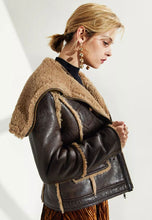 Load image into Gallery viewer, Women’s Dark Brown Leather Shearling Long Collar Jacket

