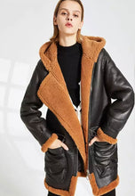 Load image into Gallery viewer, Women’s Black Leather Orange Shearling Hooded Long Coat
