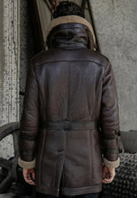 Load image into Gallery viewer, Men’s Dark Brown Leather Shearling Double Collar Long Coat
