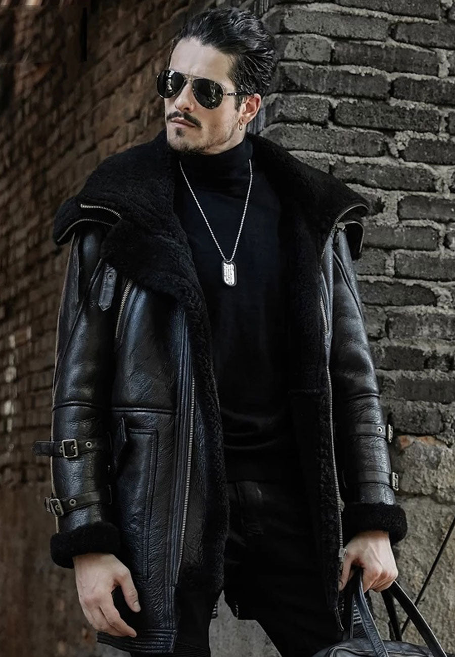 Men’s Black leather Shearling Double Collar Long Coat