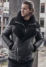 Load image into Gallery viewer, Men’s Black Leather Shearling Double Collar Jacket
