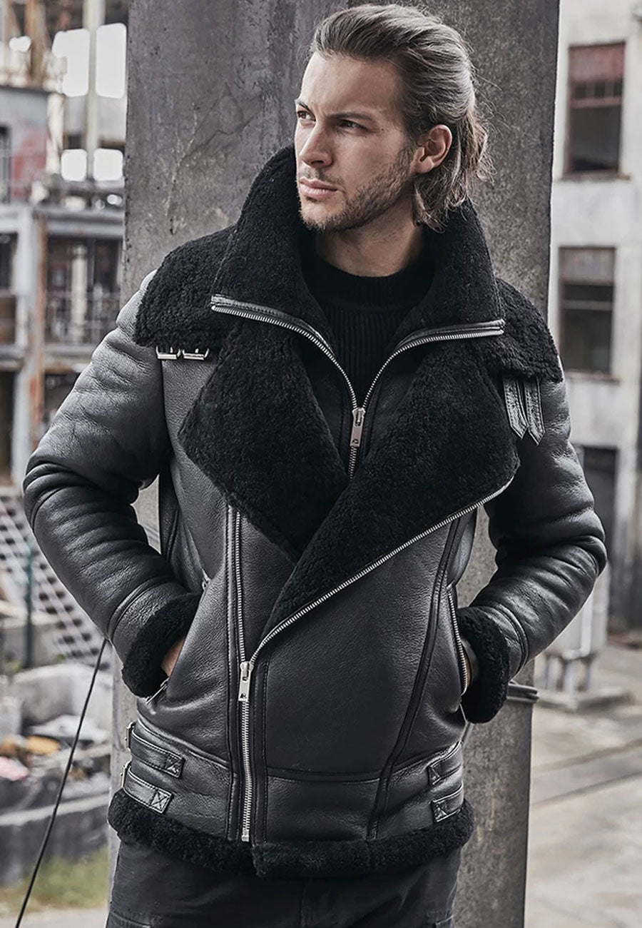 Black mens shearling jacket best sale