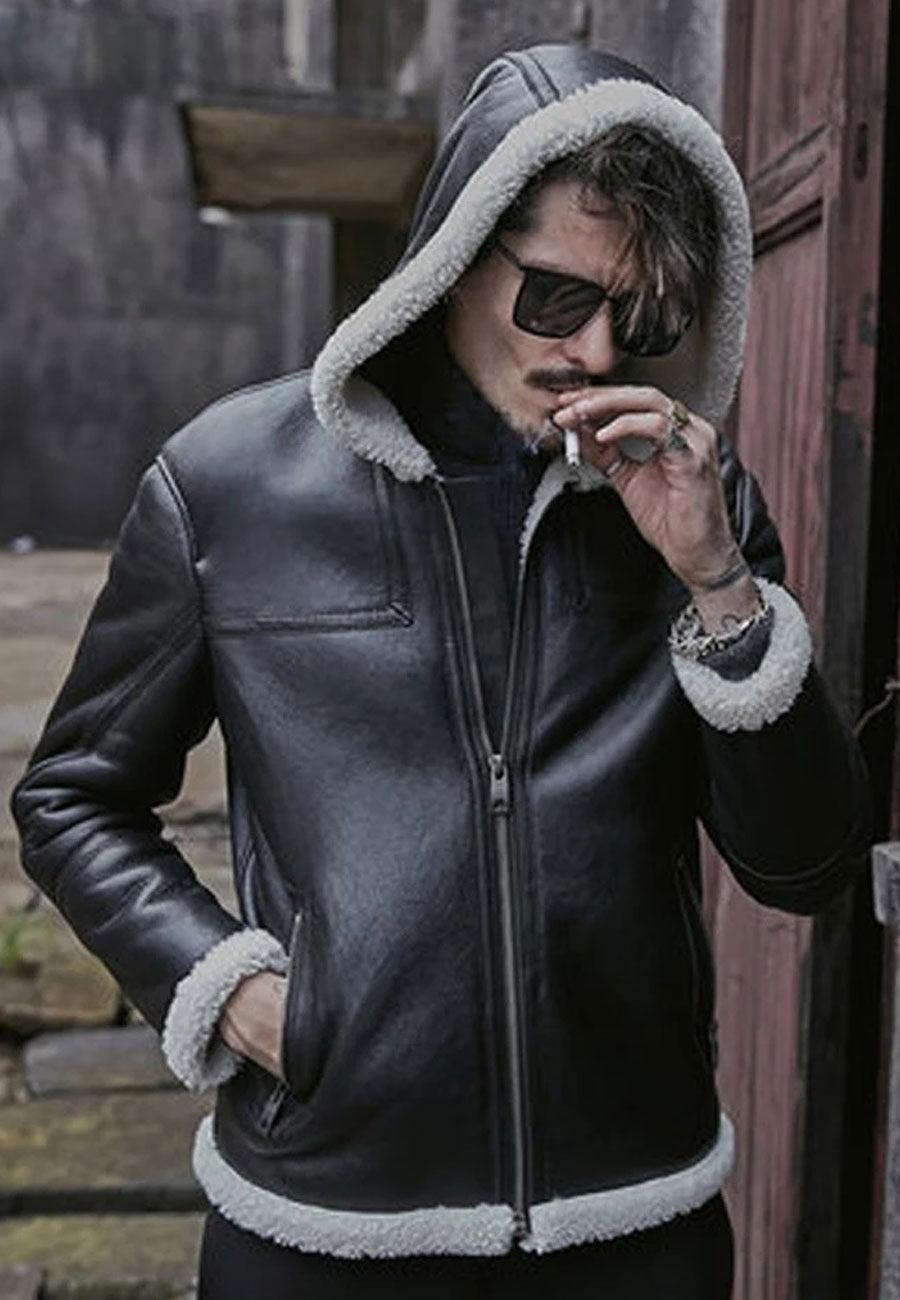 Men s Black Leather White Shearling Hooded Jacket Shop at Best Price