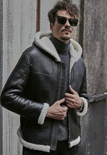 Load image into Gallery viewer, Men’s Black Leather White Shearling Hooded Jacket
