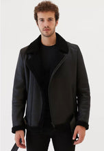 Load image into Gallery viewer, Men’s Black Leather Shearling Collar Jacket
