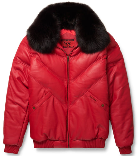 Red Leather V-Bomber Jacket - Men Red Jacket - Bubble Jacket