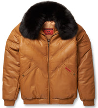 Load image into Gallery viewer, Camel Leather V-Bomber Jacket
