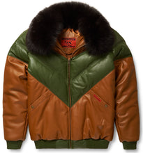 Load image into Gallery viewer, Brown &amp; Green Leather V-Bomber Jacket
