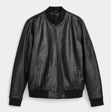 Load image into Gallery viewer, Black Real Leather Bomber Jacket
