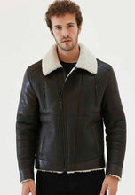Load image into Gallery viewer, Men’s Black Leather White Shearling Collar Jacket
