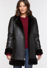 Load image into Gallery viewer, Women’s Black Leather Shearling Long Coat
