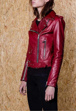 Load image into Gallery viewer, Women&#39;s Dark Red Leather Biker Jacket
